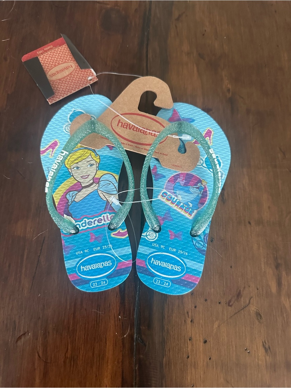 Havaianas Kids Blue Cinderella Flip Flops with Sparkle Green Straps